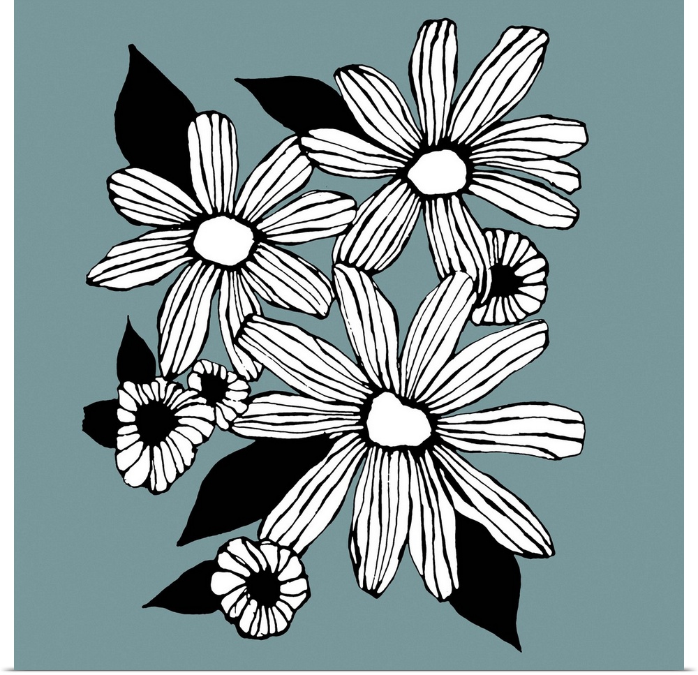 Contemporary artwork of white flowers in a bold black outline against a muted blue background.