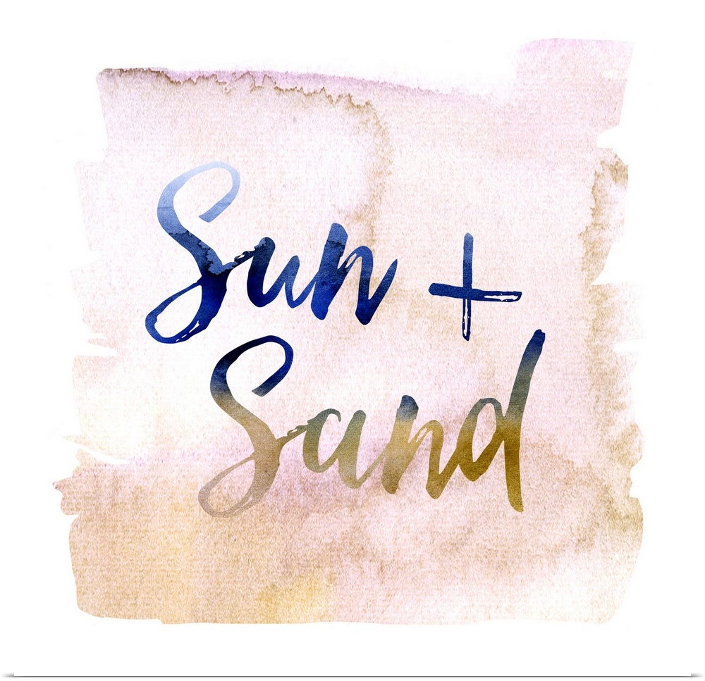 "Sun   Sand" with a pink watercolor blush stroke background.