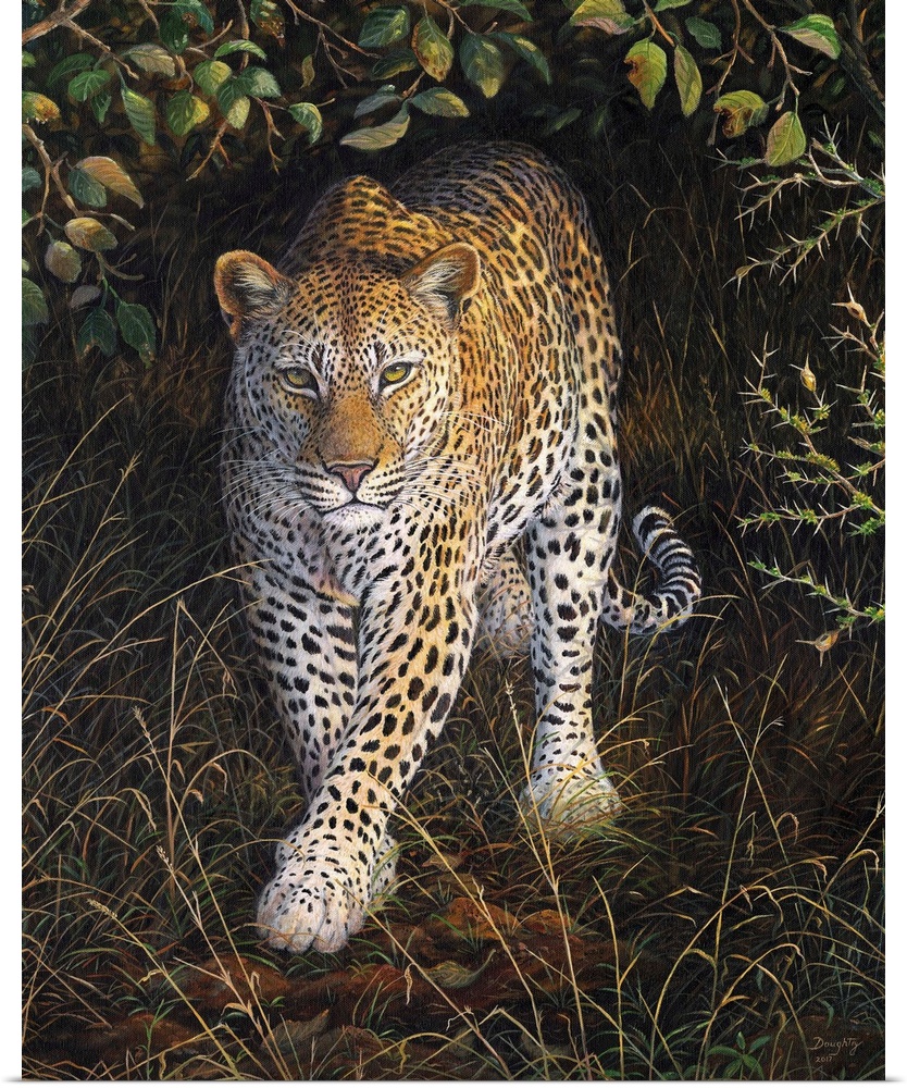 Contemporary artwork of a leopard slowing walking out of cover from bushes.