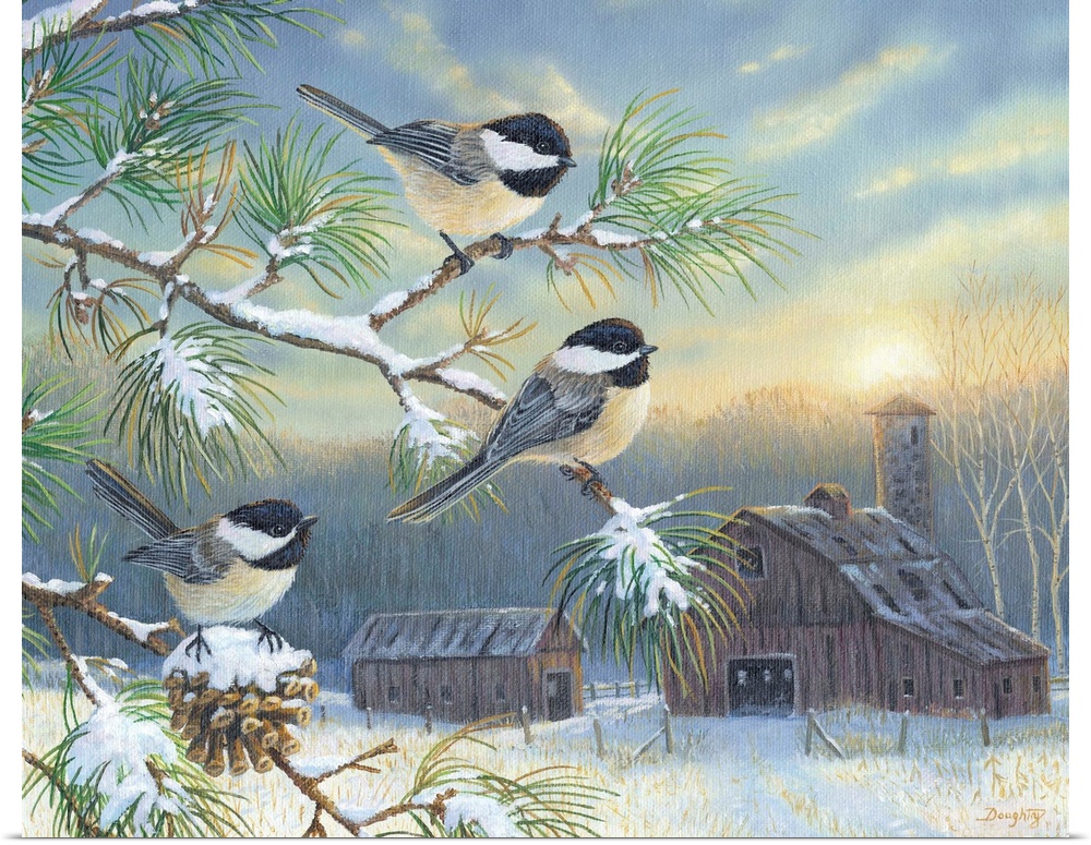 Contemporary artwork of three chickadees in a tree, overlooking a barn.
