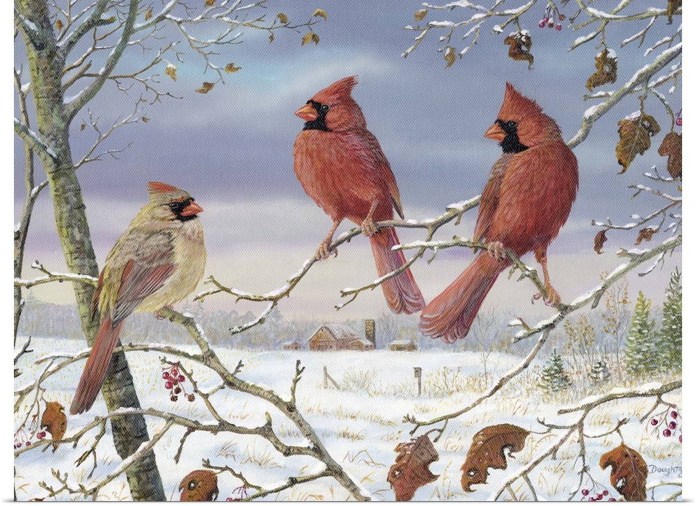 Contemporary artwork of three cardinals perched on thin branches in the winter.