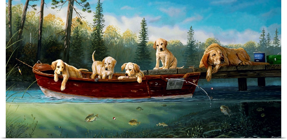 Horizontal artwork on a big wall hanging of a mother dog lying at the edge of a dock, one of her puppies sits next to her,...