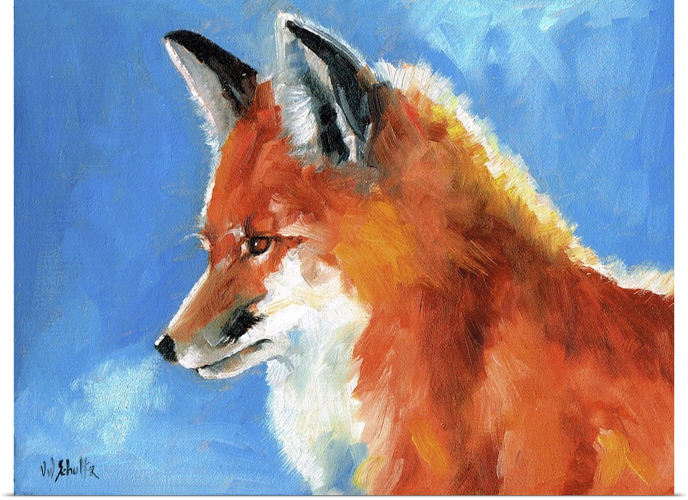 Contemporary painting of a red fox in the winter.