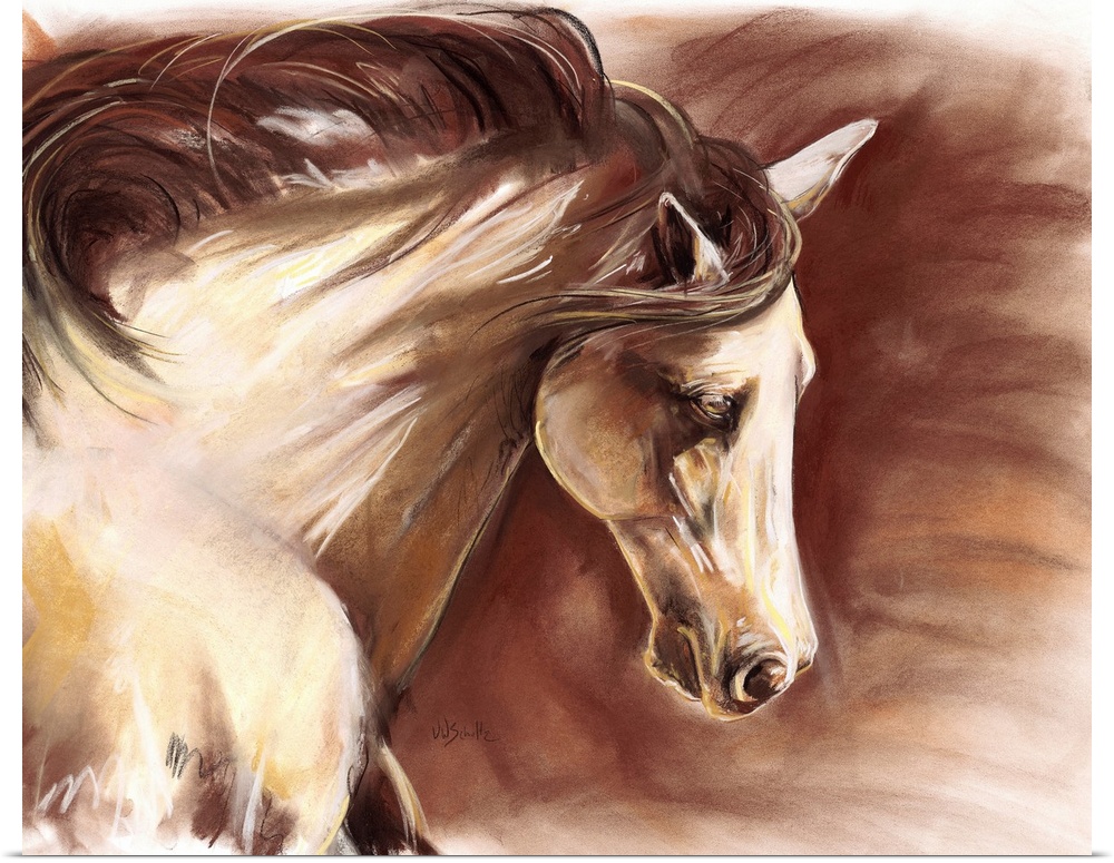 Up-close contemporary painting of horse with it's mane blowing in the wind.