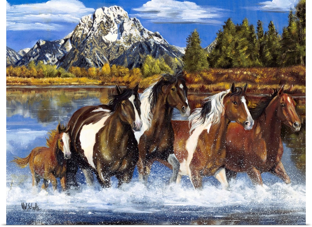 Contemporary artwork of a herd of horses as they gallop through shallow water. A snow capped mountain and forest are paint...