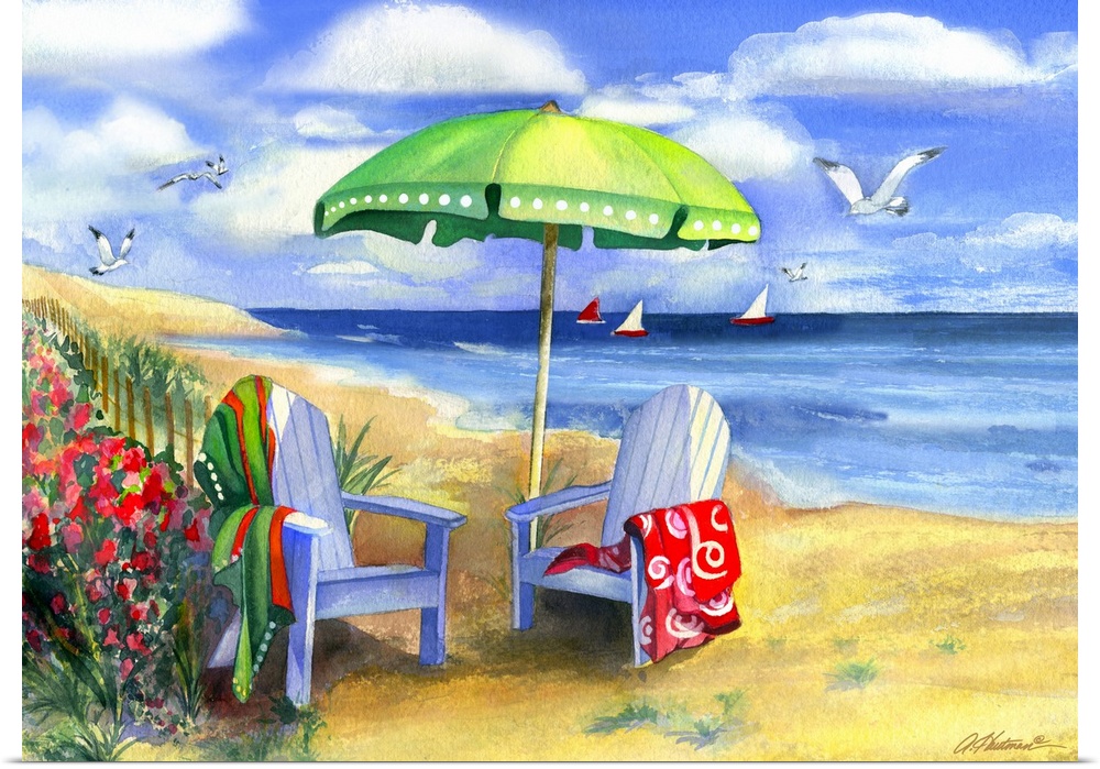 Decorative artwork of two beach chairs sitting on the sand with towels draped over them and an umbrella in between them. S...