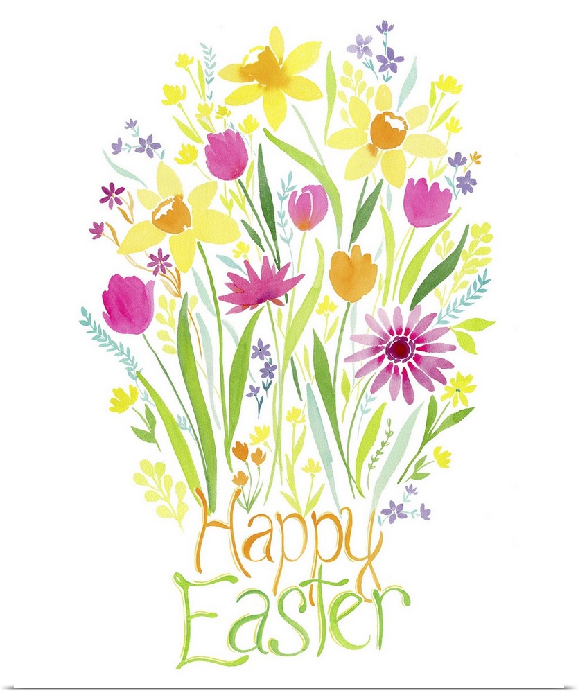 Watercolor illustration of bright springtime flowers to celebrate Easter.