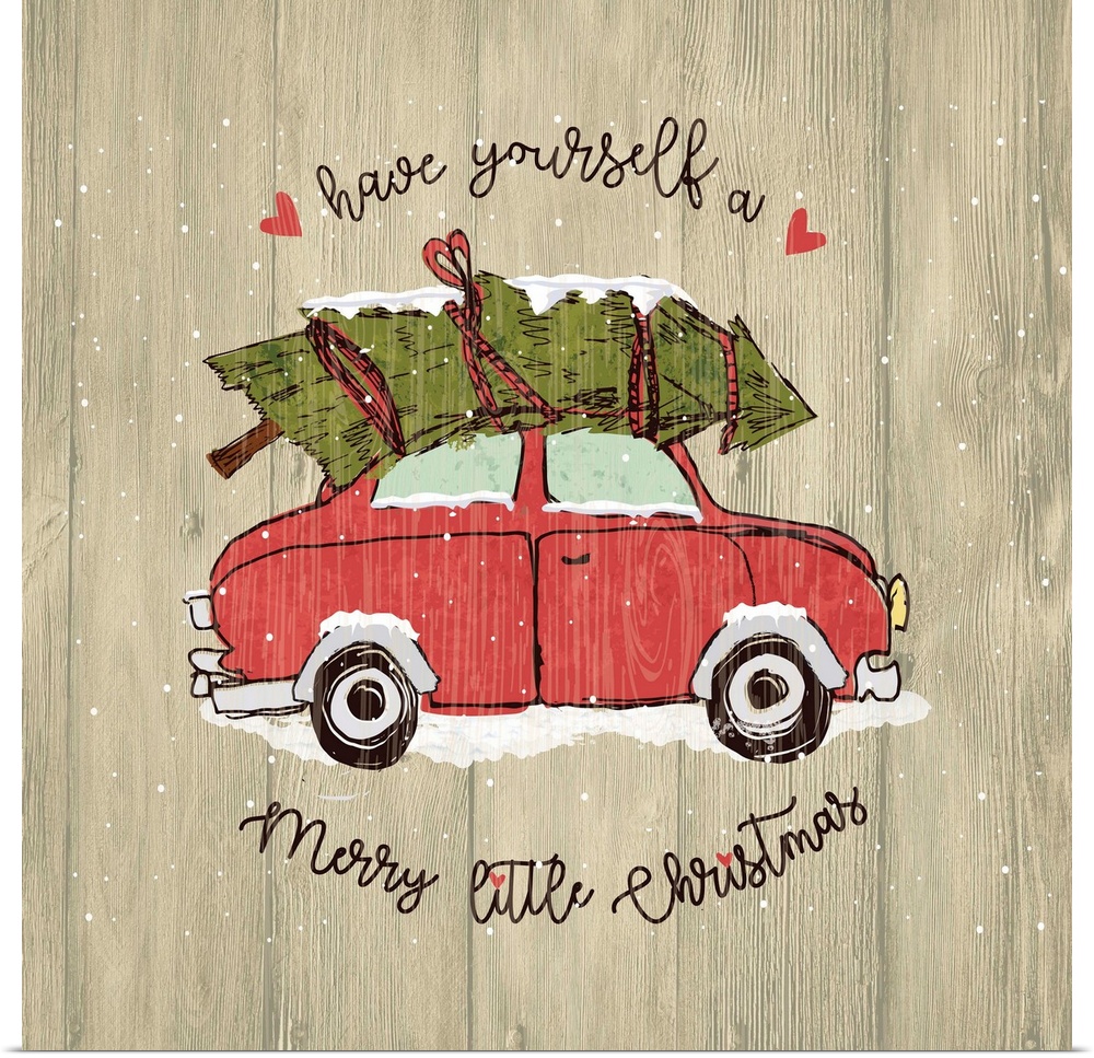 Christmas decor of a car carrying a Christmas tree on a wooden background.