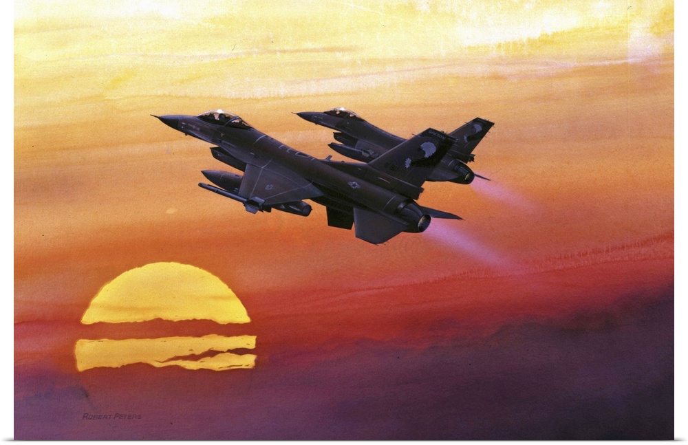Contemporary artwork featuring F-16 Fighting Falcons flying upwards against a bold, warm sunset.