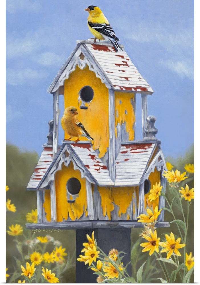 This is a photorealistic painting of garden birds on a bird house with distressed paint surrounded by color coordinated fl...