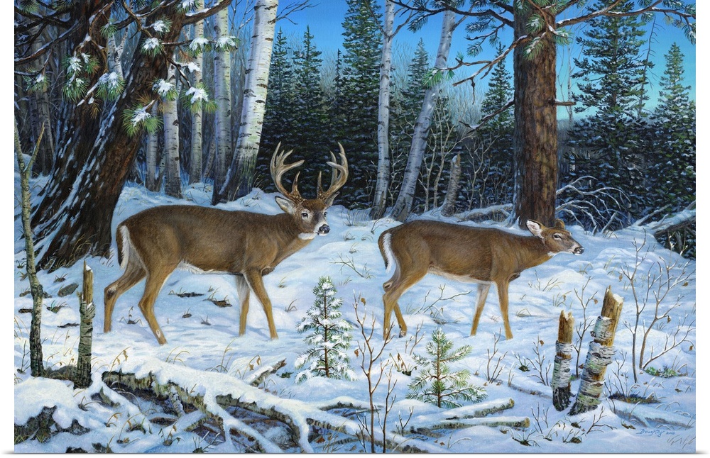Contemporary artwork of a pair of deer walking quietly in a forest in the snow.