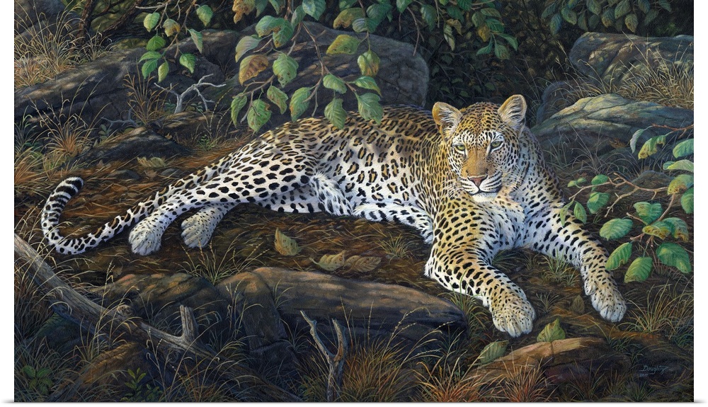 Contemporary artwork of a jaguar lounging on the jungle floor.