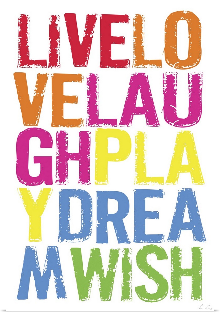 Wall art of brightly colored words on top of a blank canvas.