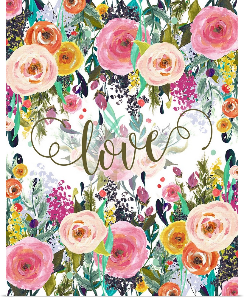 A bright floral painting with the word "love" written in the middle.