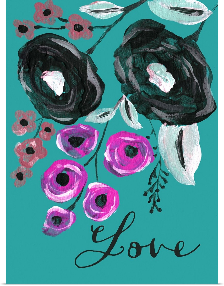 Contemporary painting of black and purple flowers against a dark teal background.