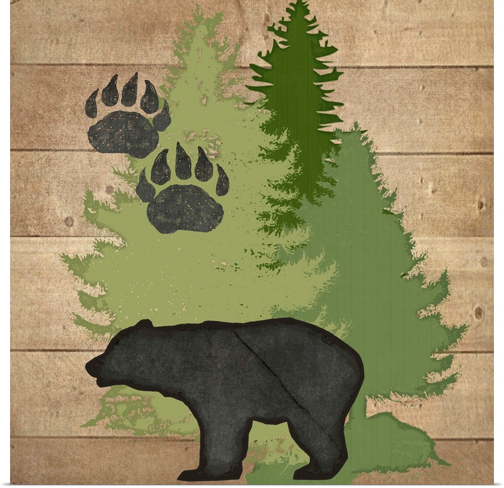 Cabin decor of a bear silhouette with paw prints and pine trees.