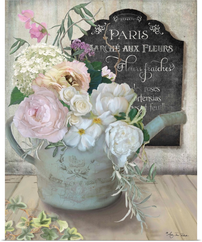 A bouquet of roses and peonies in an old watering can next to a chalkboard sign.