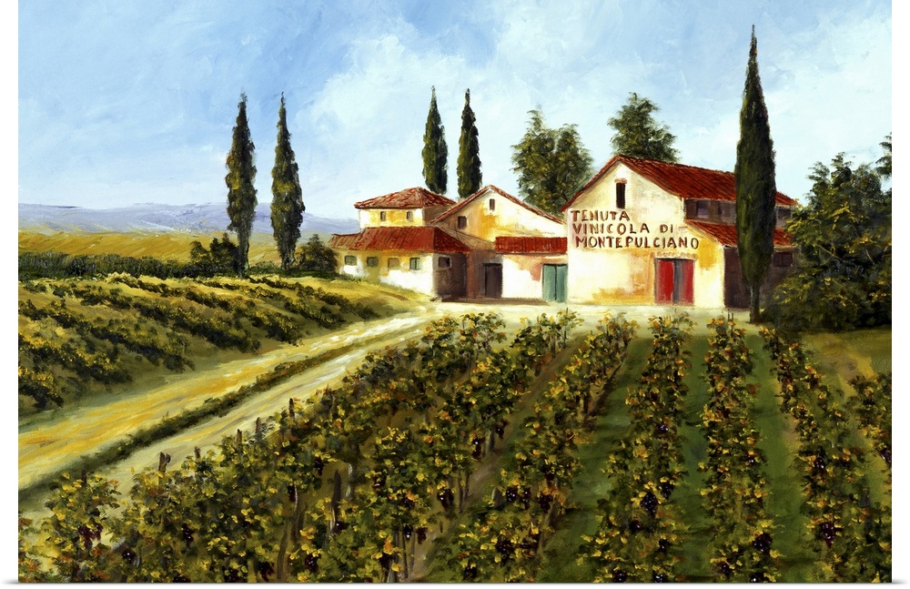 Big painting of grape fields and a large compund on a clear, sunny day.