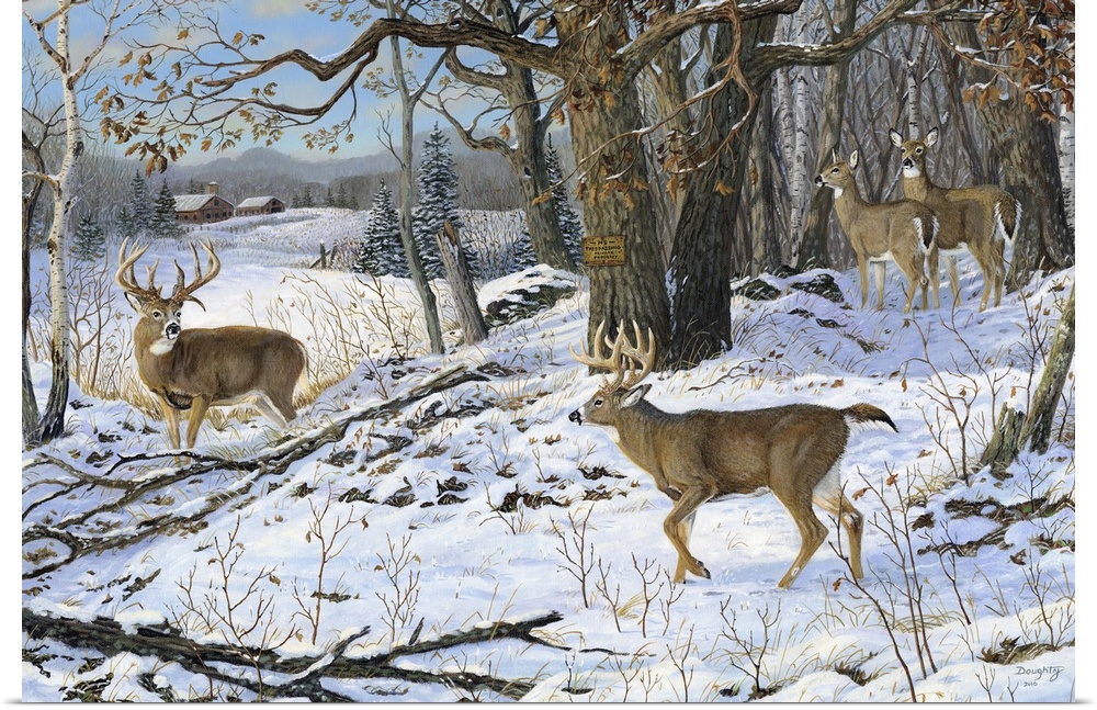 Contemporary artwork of a pair of deer walking in the snow in a forest.