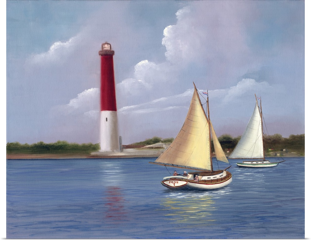Painting of two sailboats on the water near a red and white lighthouse.