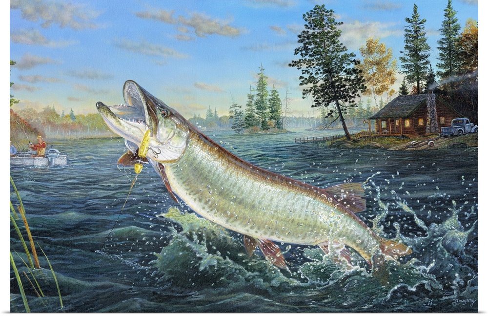 Painting of a fish leaping out of the water.