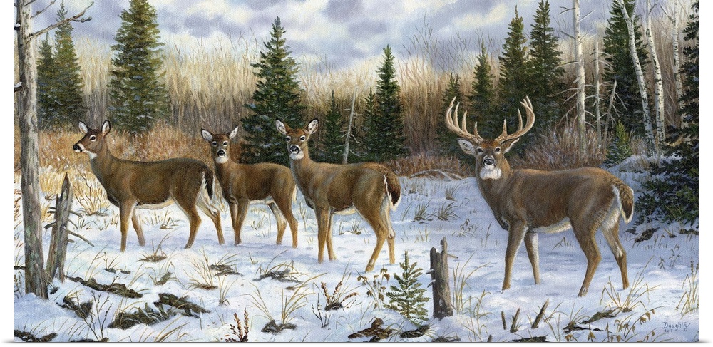 Contemporary artwork of a herd of deer walking through a forest covered in snow.