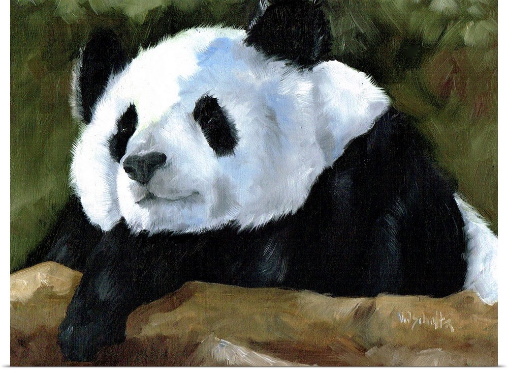 Painting of a panda bear relaxing on a log.