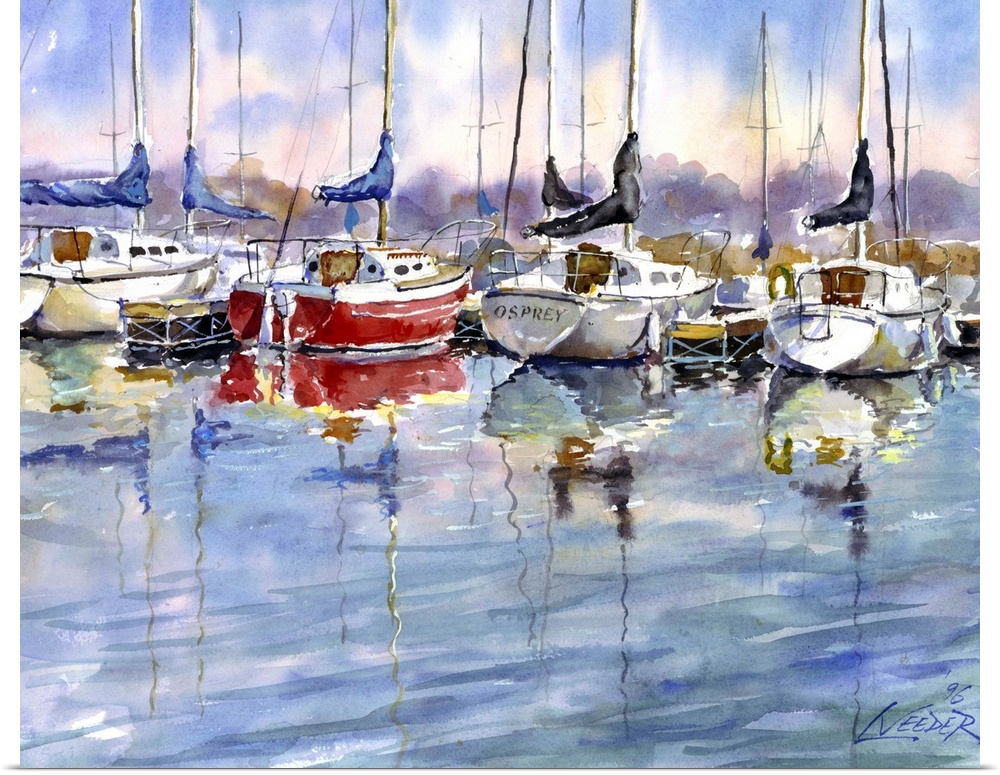 Contemporary piece using water colors to paint sail boats that sit docked at the marina.