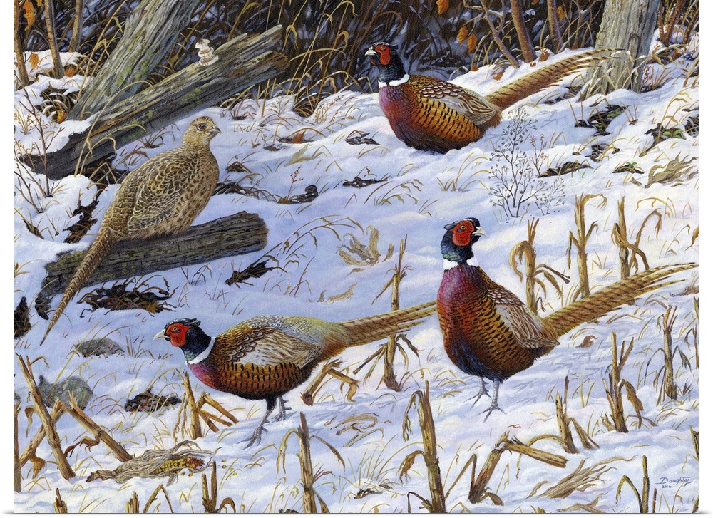 Contemporary artwork of a flock of pheasants foraging in the snow.
