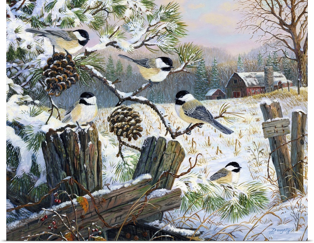 A group of chickadees playing on a branch near an old wooden fence in the winter.