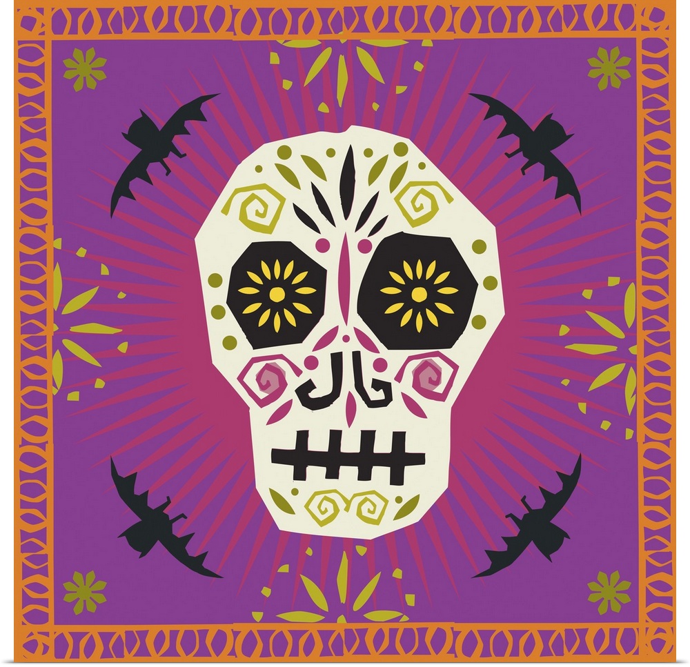 Decorated sugar skull surrounded by bats and a decorative border.