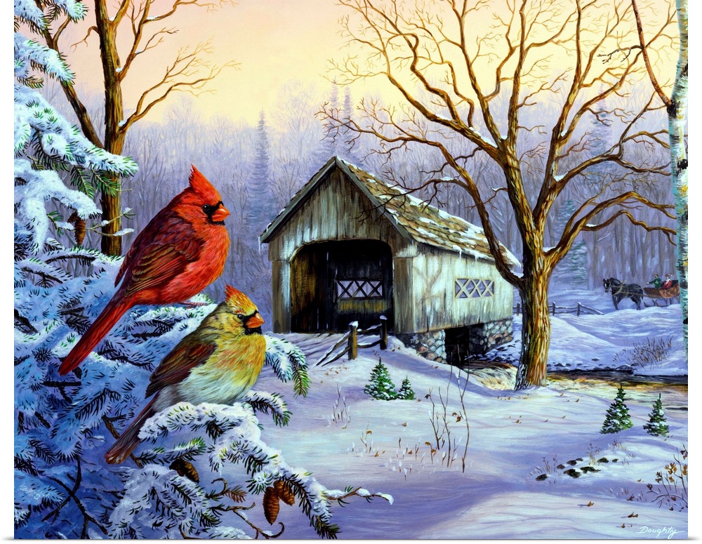 Big painting on canvas of two cardinals sitting on a snowy branch with a covered bridge in the distance and a horse with a...