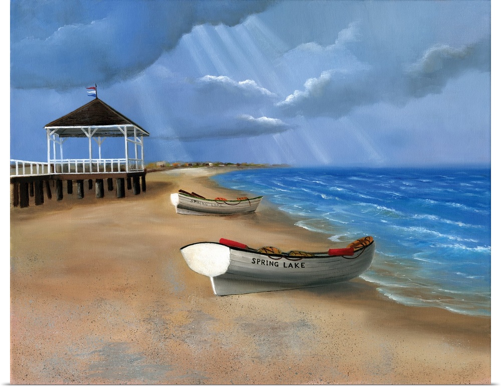 Painting of boats on the sand by a pier on the coast.