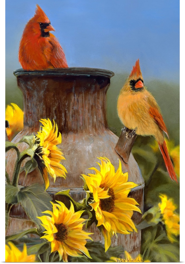 Huge contemporary art focuses on a couple birds sitting on top of a large distressed jug surrounded by a field of sunflowe...