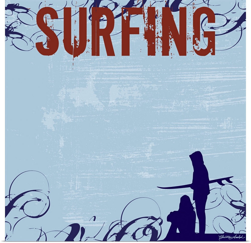 The silhouette of two people is drawn at the bottom of this artwork with the word surfing in bold font at the top leaving ...