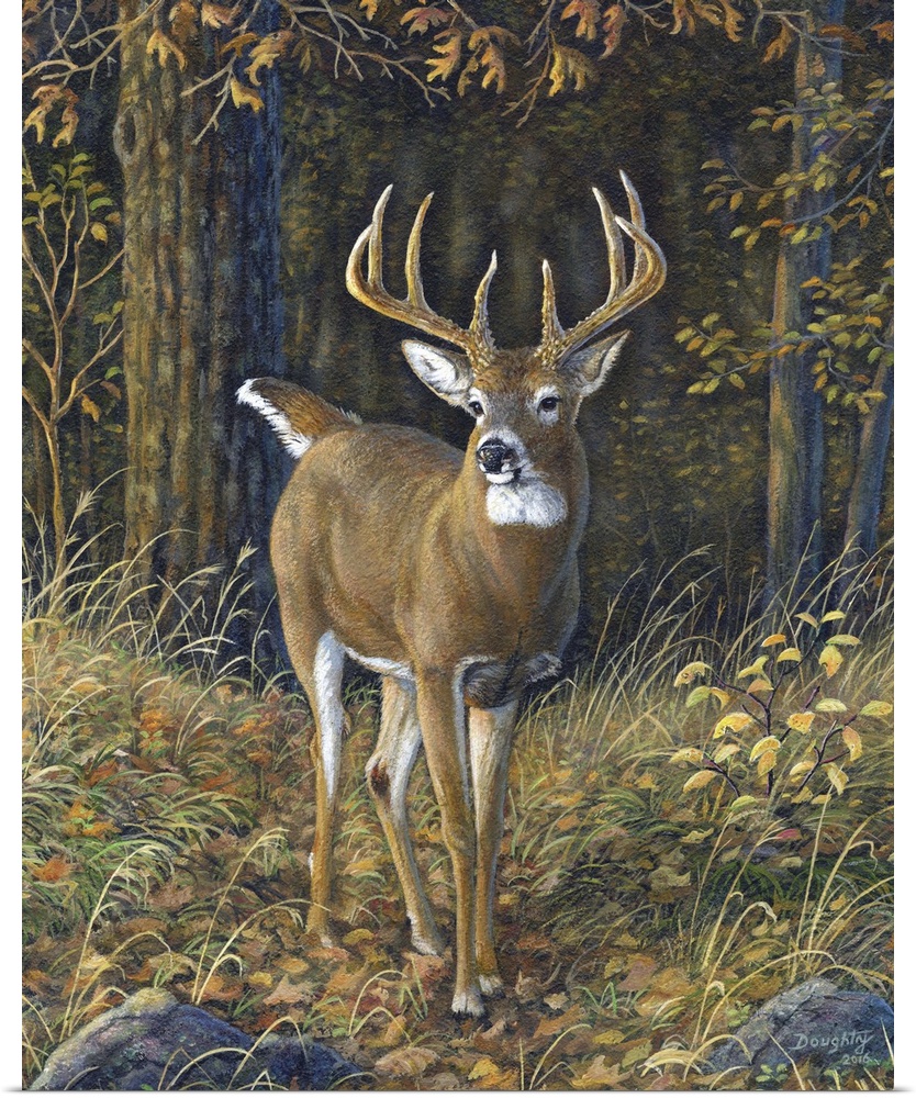 Contemporary artwork of a buck with a stunning pair of antlers, standing in a forest clearing.