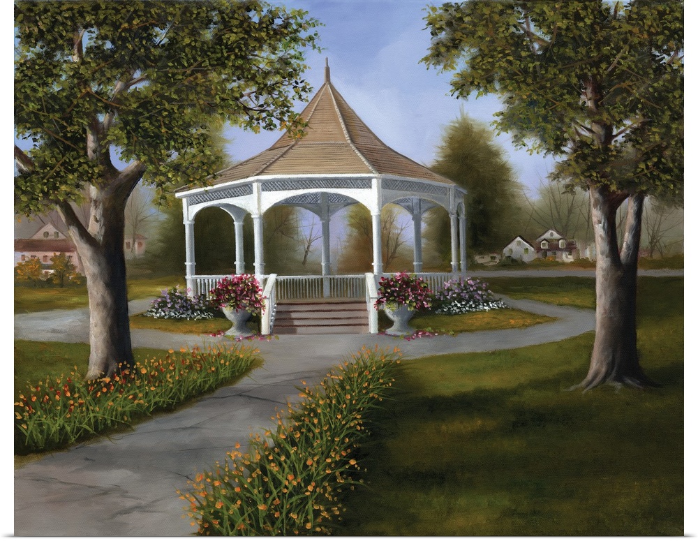 A gazebo in the center of a park, surrounded by flowers and trees.