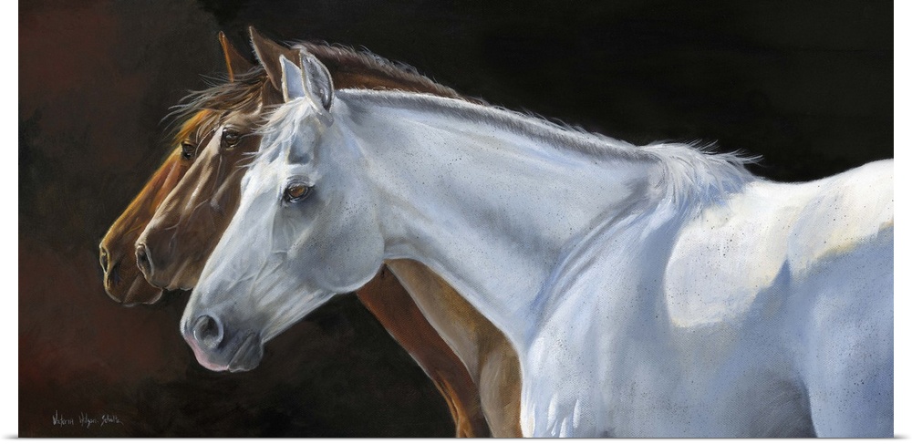 Contemporary painting of three horses in profile.