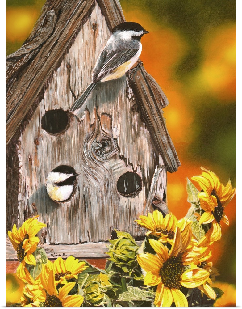 A pair of chickadees living in a wooden birdhouse, near sunflowers.