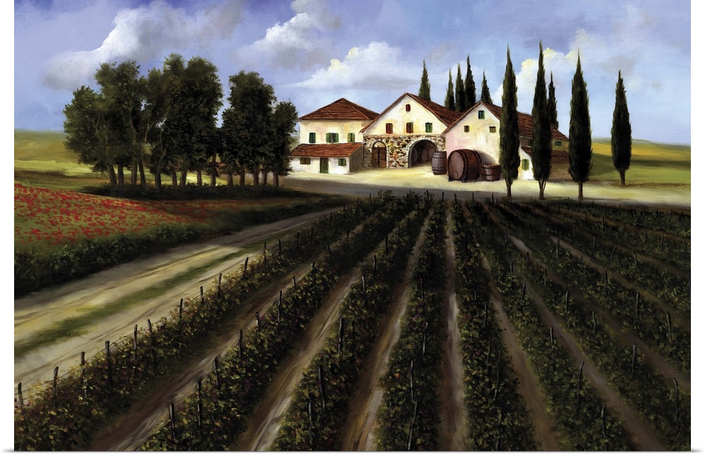 Contemporary landscape painting of a vineyard with a farm house in the distance.