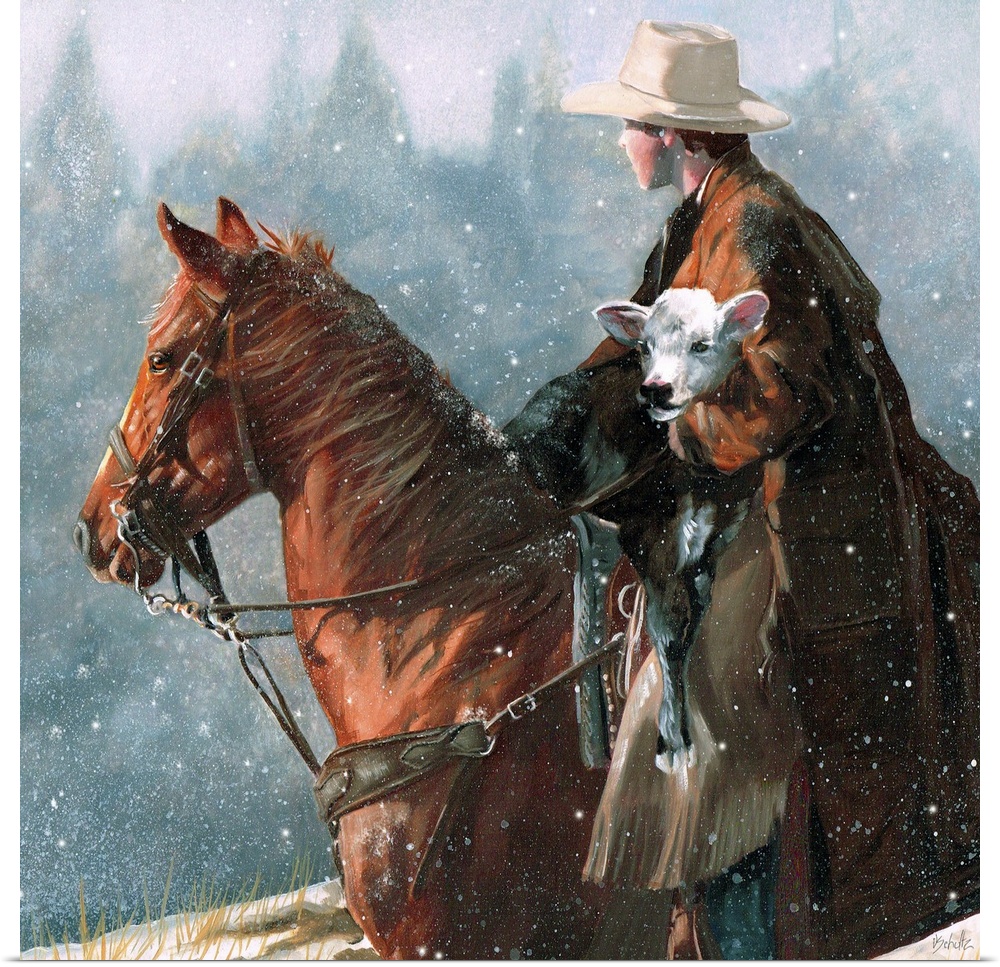 A rancher holding a calf on horseback, looking wistful.