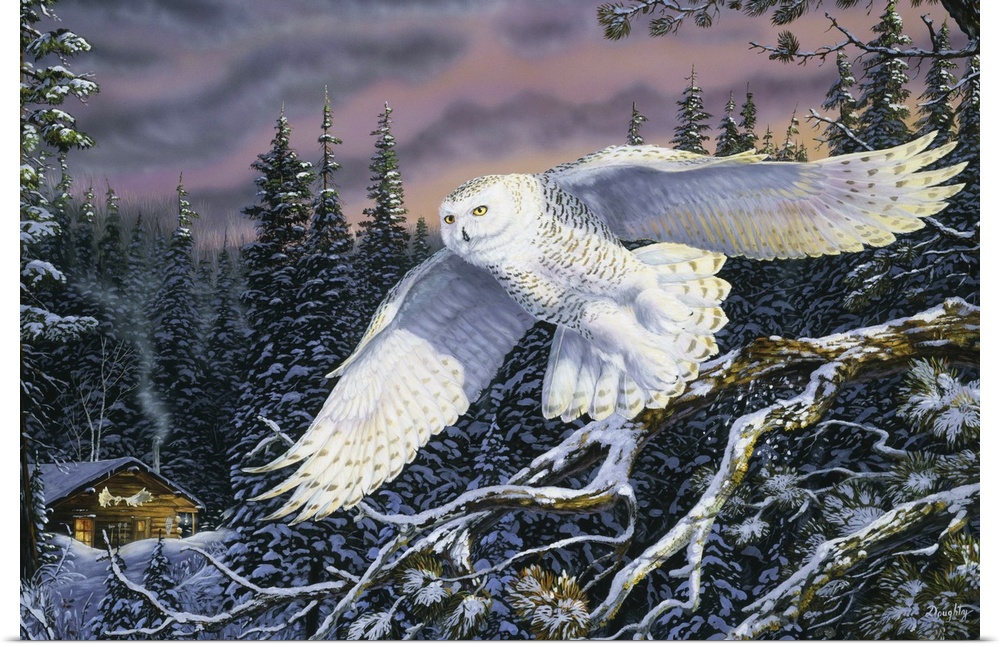 Contemporary artwork of a large snowy owl in flight on a winter evening.