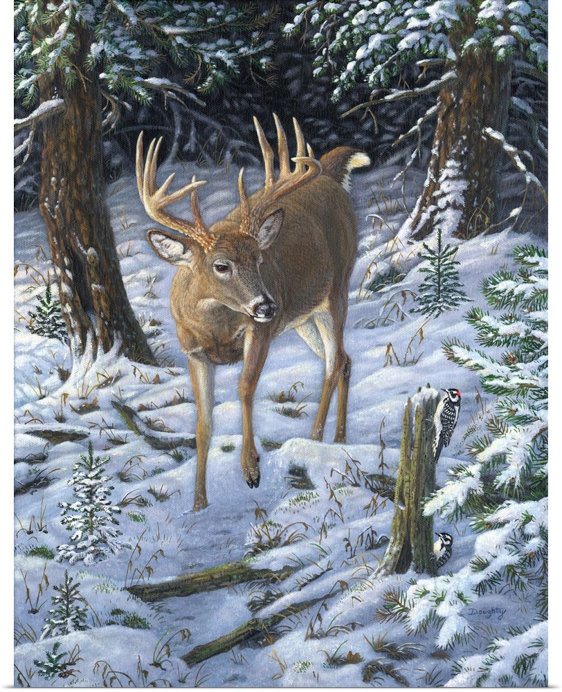 Contemporary artwork of a deer walking through a forest covered in snow.