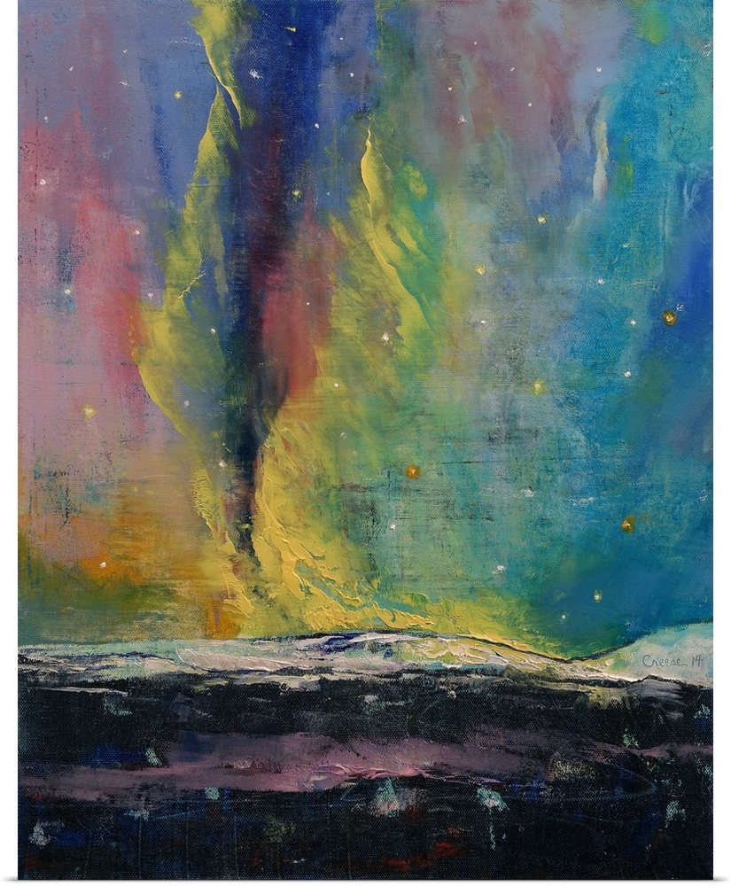A contemporary painting of the northern lights above snowy landscape.