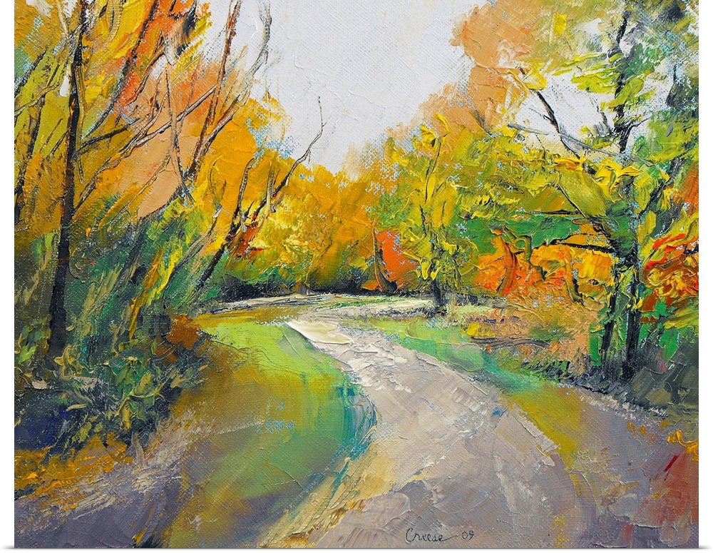 Painting of a road in the middle of a forest in the fall.
