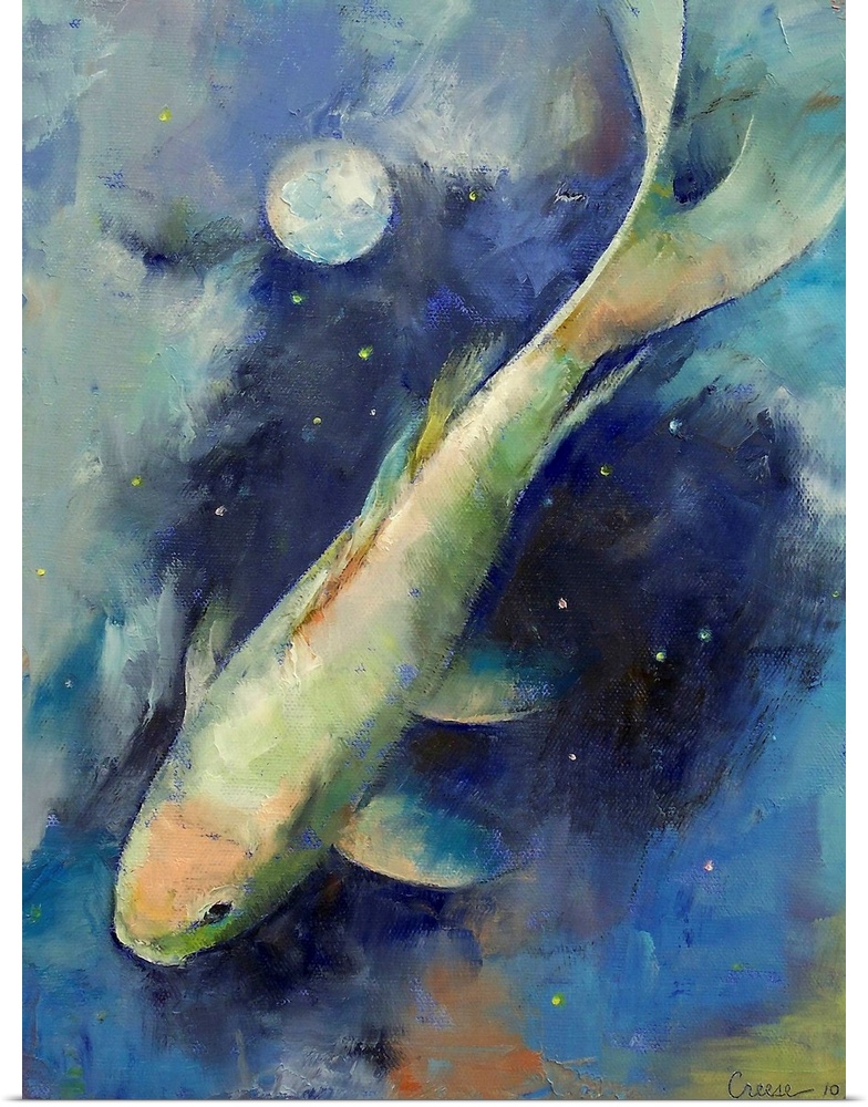 Big canvas painting of a fish swimming with a reflection of the moon on the surface of the water.