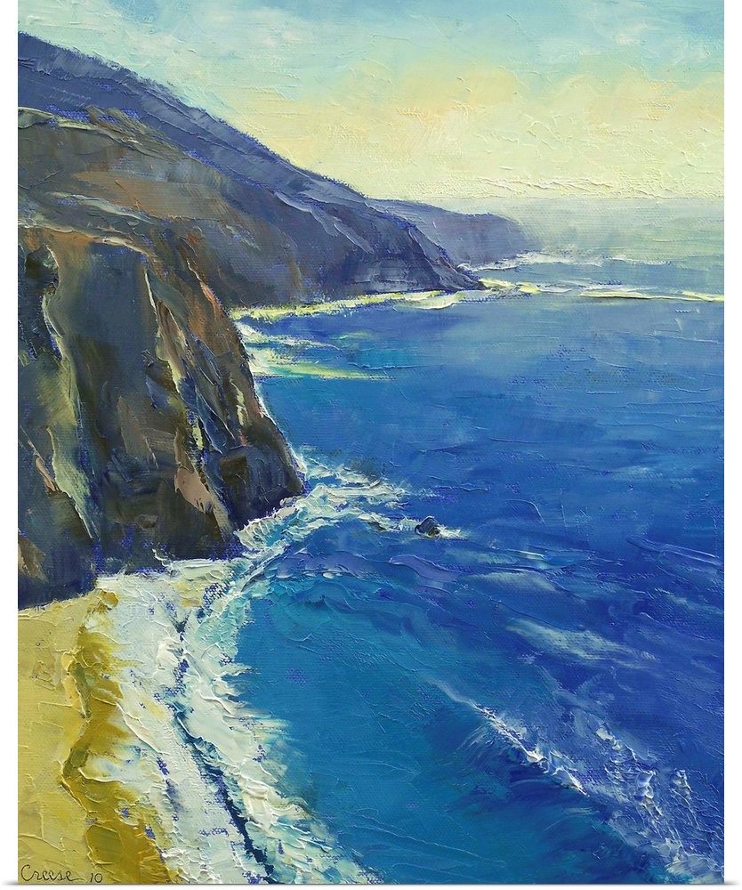 Contemporary painting of a beach along the rocky cliffs of the Pacific Ocean.