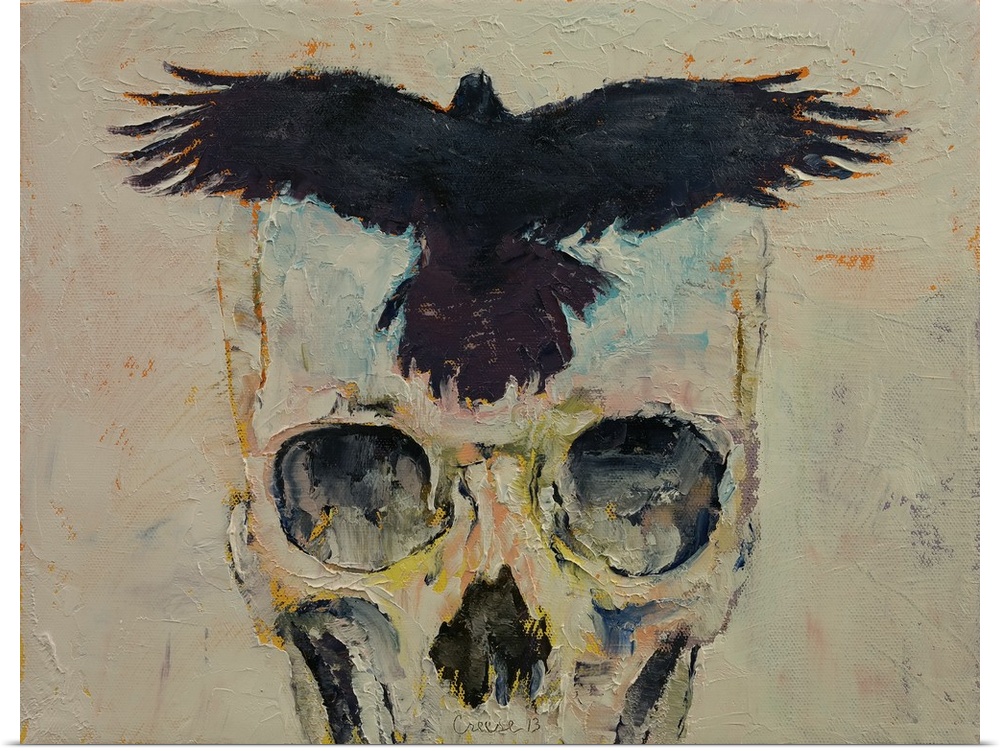 A contemporary painting of a human skull with a black crow on the forehead.
