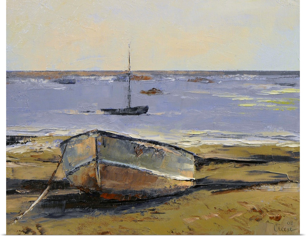 Oil painting of rusted row boat washed up on sand with a small sailboat in the ocean.