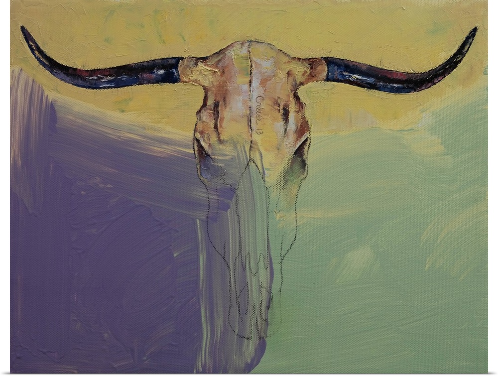 A contemporary painting of a bull skull against a colorful background.